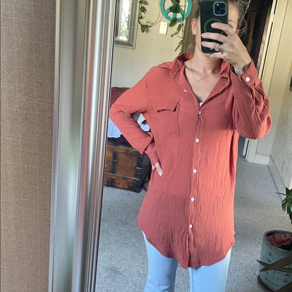 Zoye Chen Rustic Orange Fall Button-Up Shirt - image 3